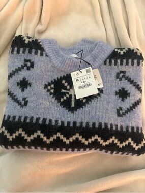 Zara Lavender and Black Fuzzy Patterned Crewneck Sweater Nee with Tags